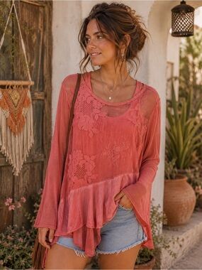 Boho Cottagecore Coral  Floral Lace Tunic With Tank Size XS S Stretch Sheer